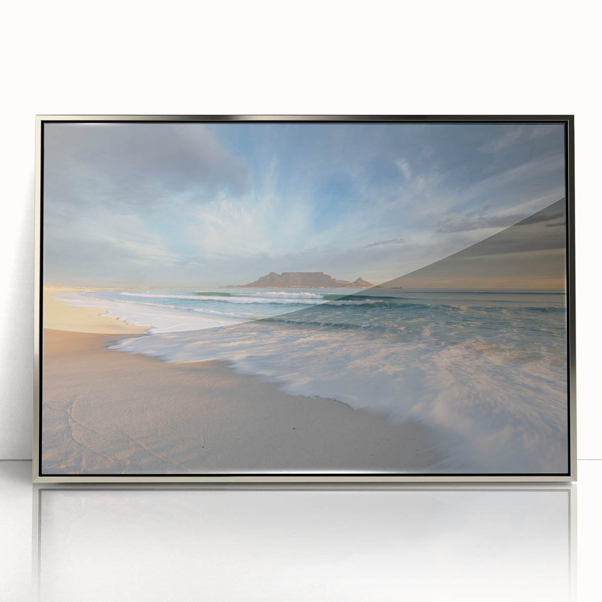 Mid-century modernist art depicting an African savannah scene in muted earth tones on a silver-framed acrylic print.