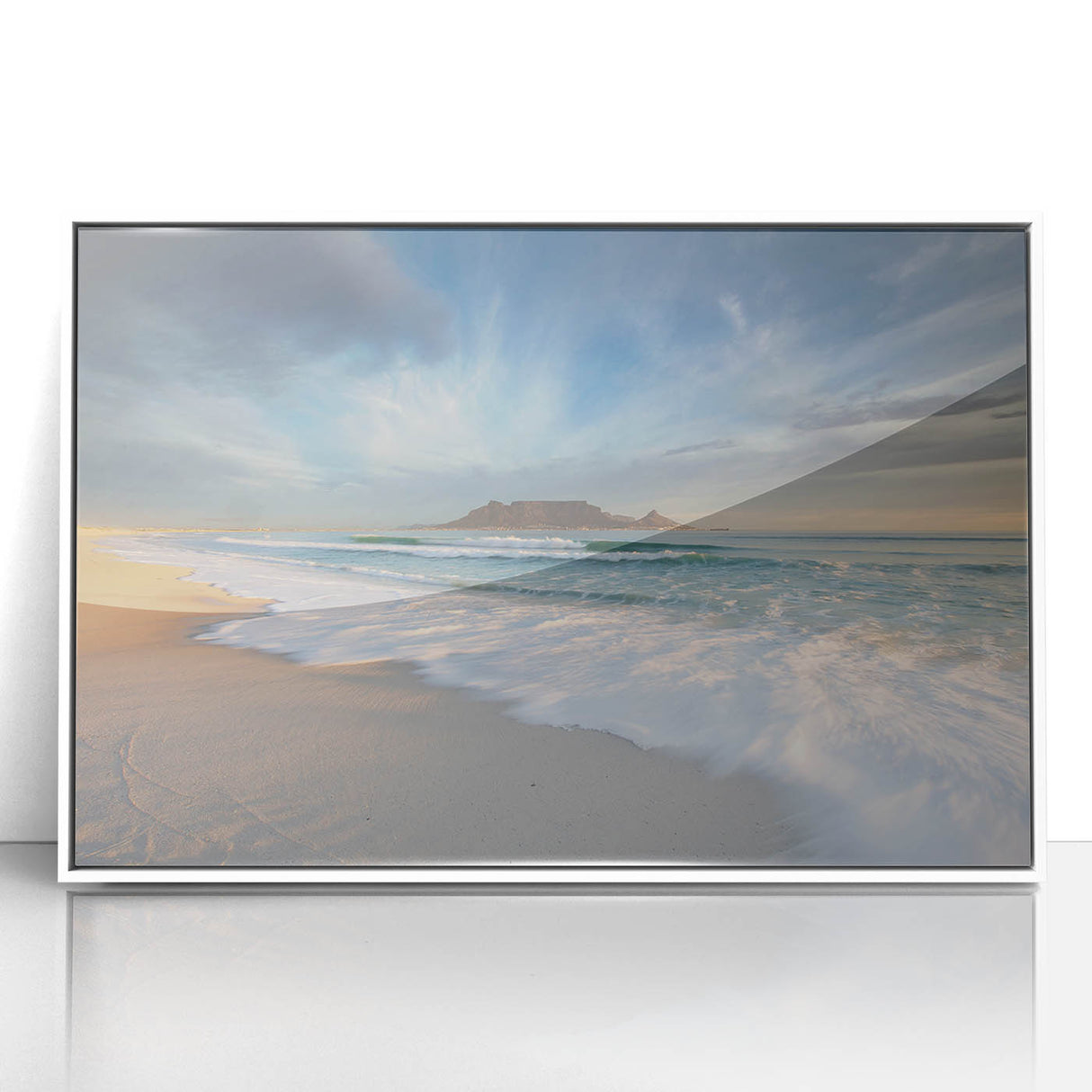 Art Deco poster of a South African scenery in muted earth tones on white framed acrylic.