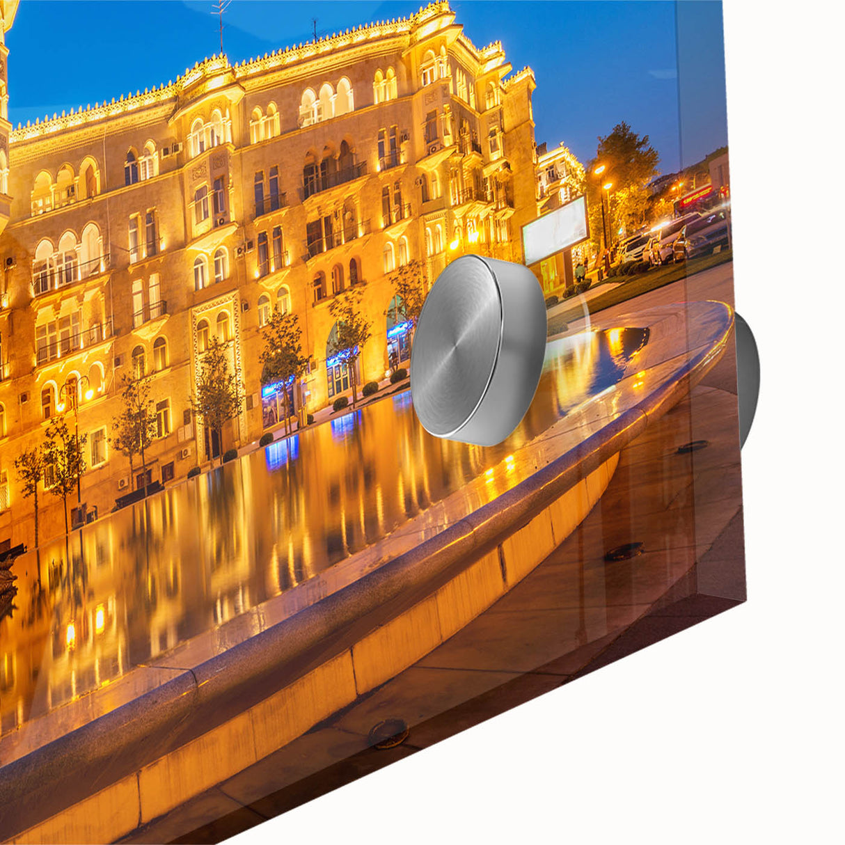 Large abstract wall art featuring mid-century modernist style, with vibrant azure and gold tones on acrylic glass.