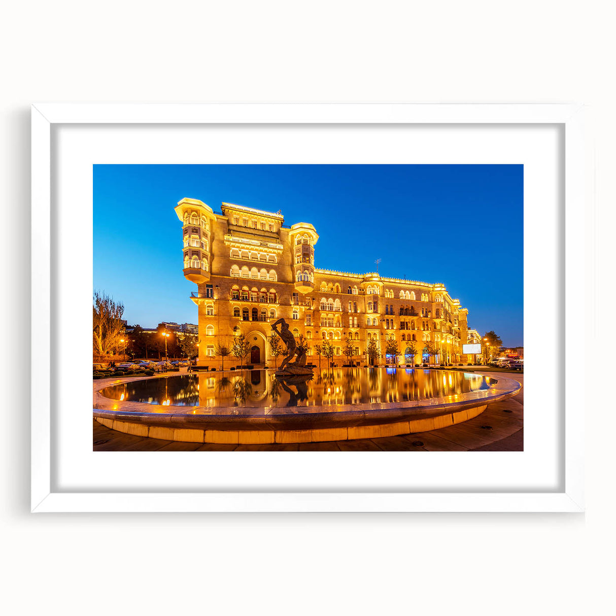 Abstract art print of a mountainous Azerbaijan scenery in muted earth tones, framed with a white mat.