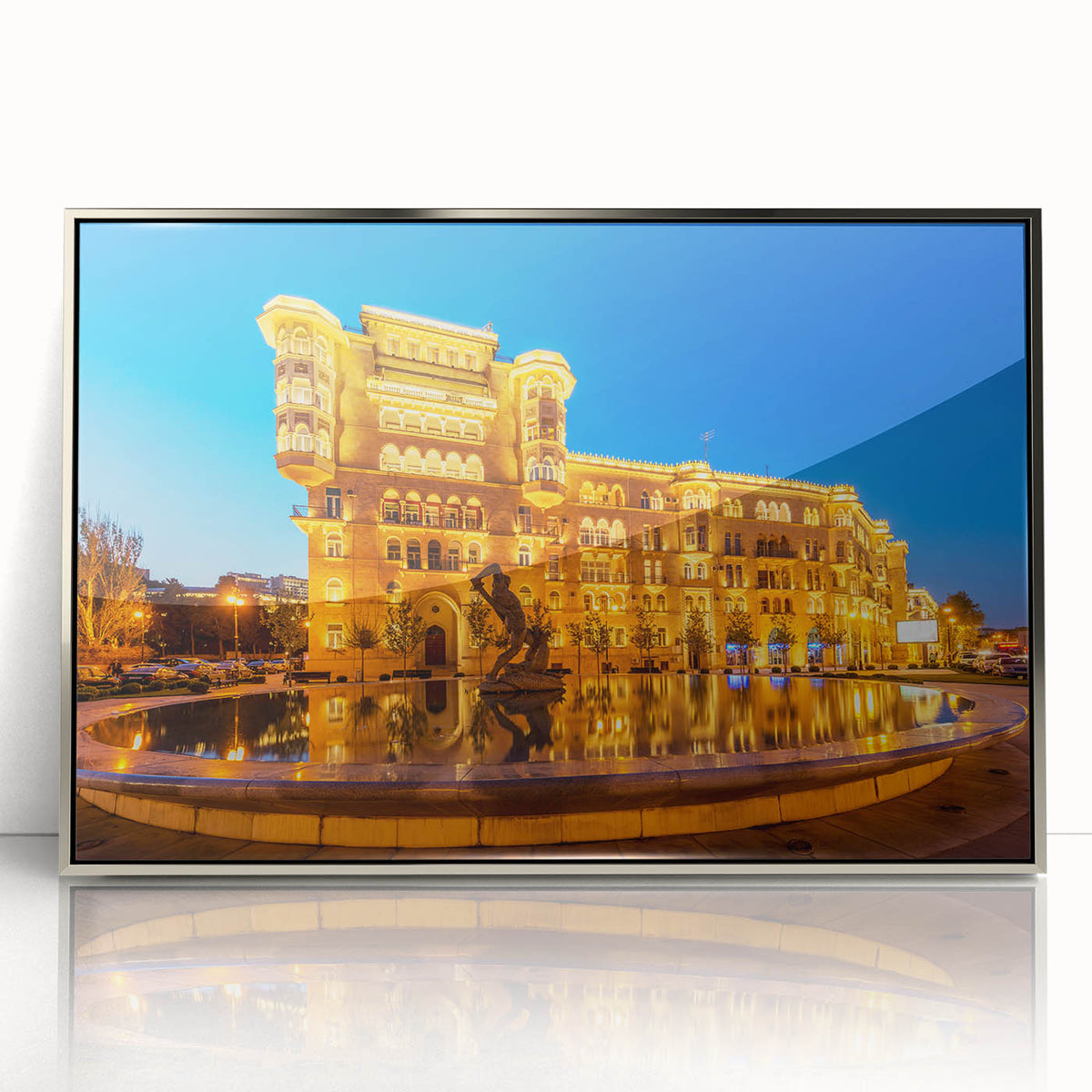 Mid-century modernist art depicting Azerbaijan scenery in silver-framed acrylic, with soft earth tones.
