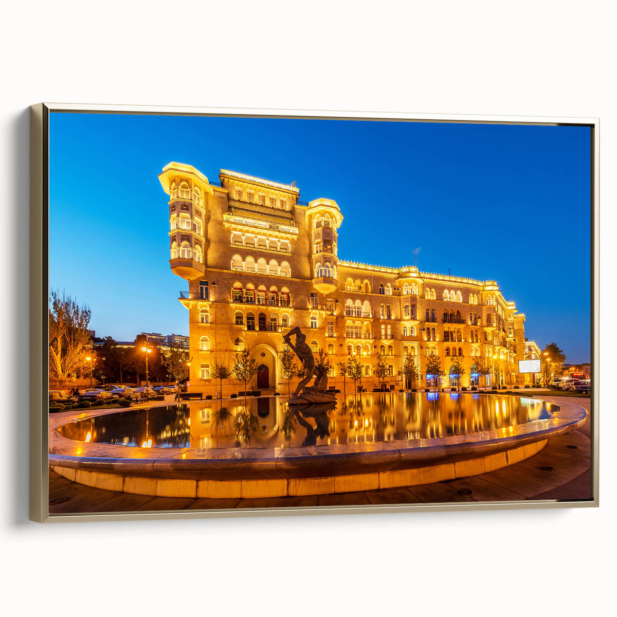 Framed canvas featuring a vintage-style landscape painting of an Azerbaijan scenery in black and gold tones.
