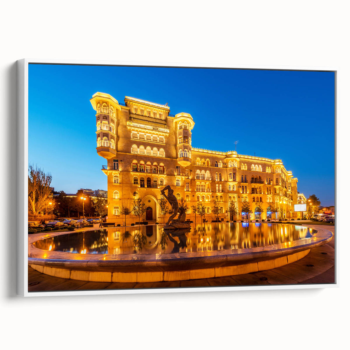 Vintage poster art of an Azerbaijani landscape on a framed canvas, featuring vibrant, colorful imagery.