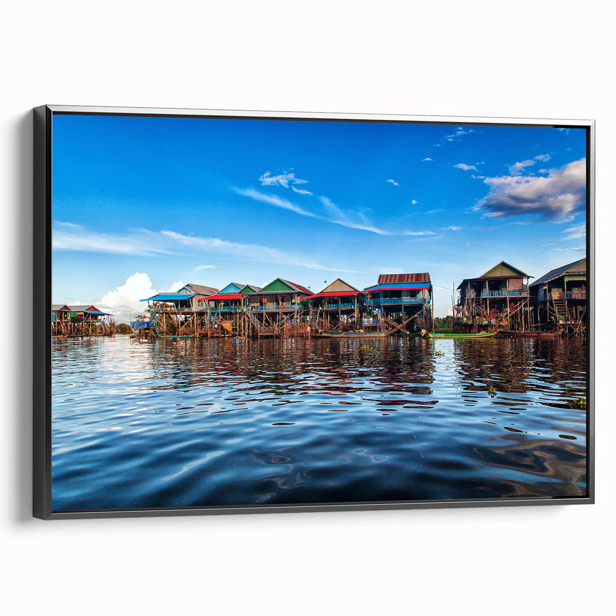 Framed canvas featuring a black and white vintage poster art of a Cambodian landscape, ideal for bedroom wall decor.
