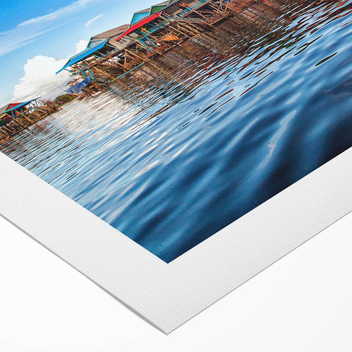 Art deco poster of a Cambodian landscape in muted earth tones on rolled canvas, suitable for dining room decor.