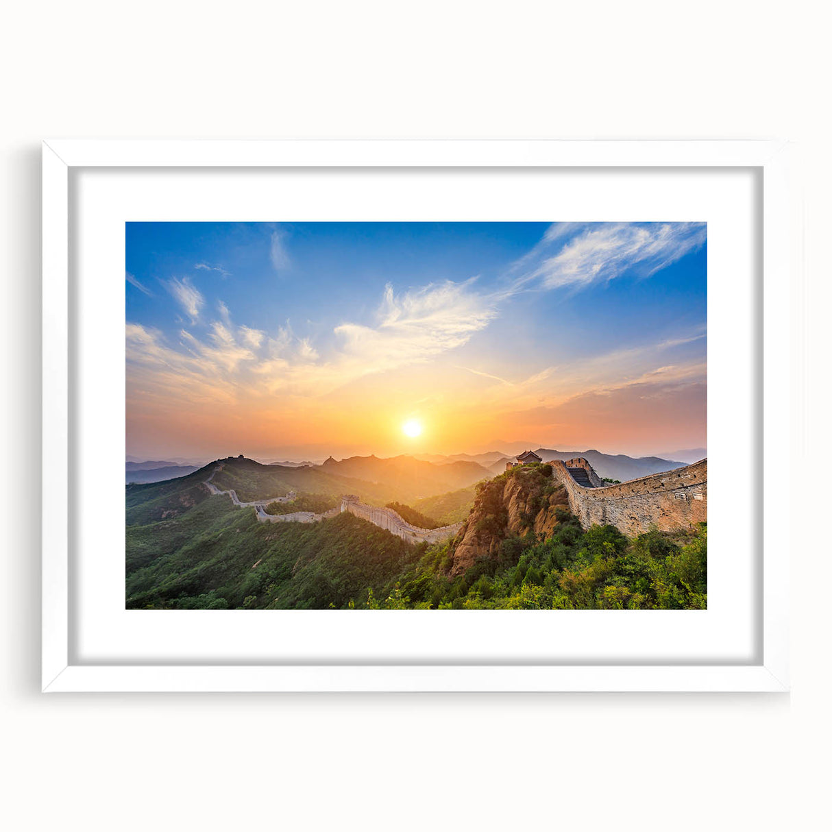 Abstract art print of the Great Wall of China in muted earth tones on a white framed canvas, suitable for dining room decor.