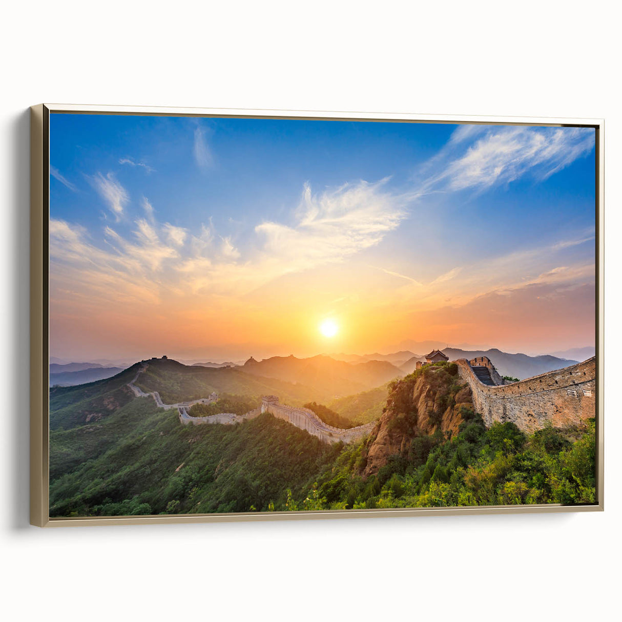 Framed canvas wall art depicting the Great Wall of China in muted gold tones, ideal for bedroom decor.
