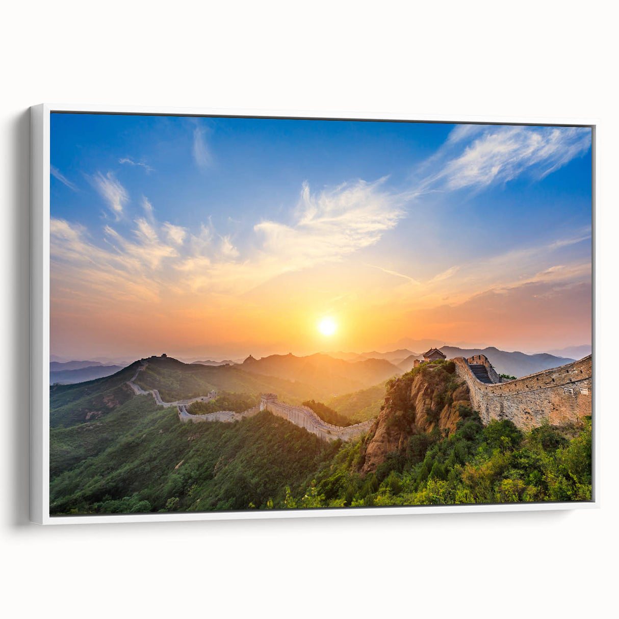 Vintage poster art of the Great Wall of China in muted earth tones on a framed canvas, ideal for living room decor.