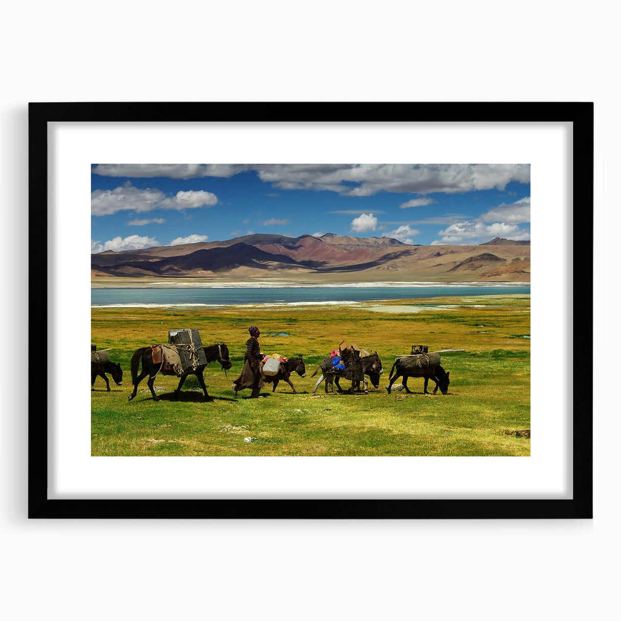 Extra large framed abstract art print depicting a colorful, textured Tibetan landscape, ideal for living room decor.