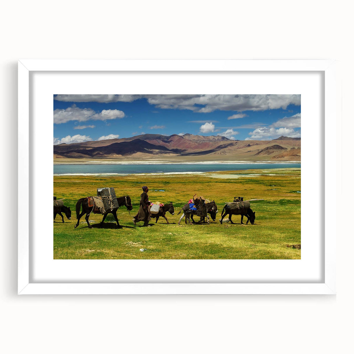 Abstract art print of a Tibetan landscape in muted earth tones on a framed canvas, suitable for dining room decor.