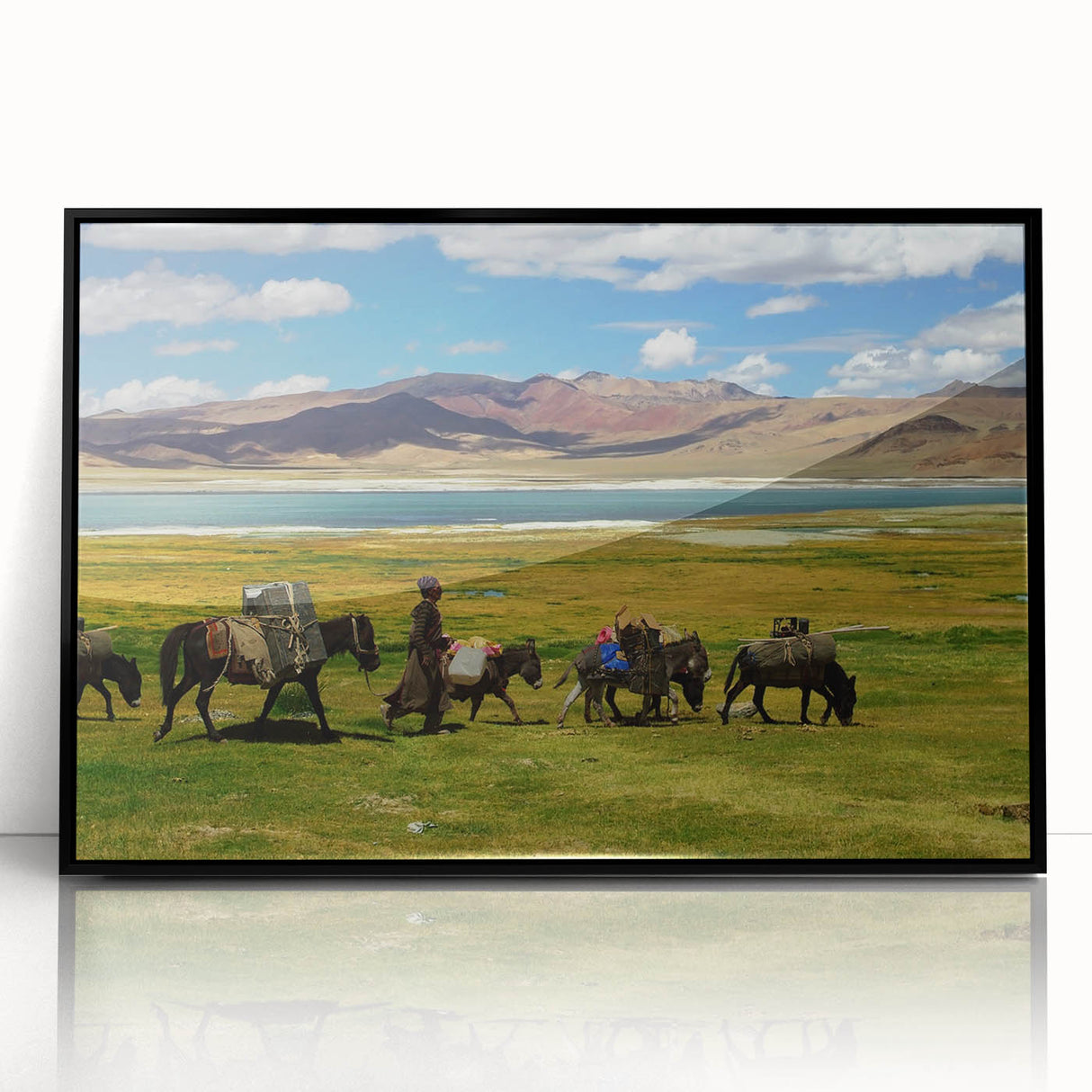 Large abstract wall art depicting a Tibetan landscape in muted earth tones on a framed acrylic.