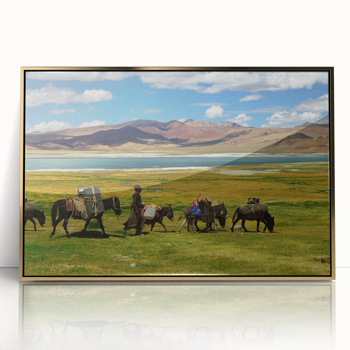 Large art print of a Tibetan landscape in muted gold tones on acrylic, framed, ideal for modern art wall decor.