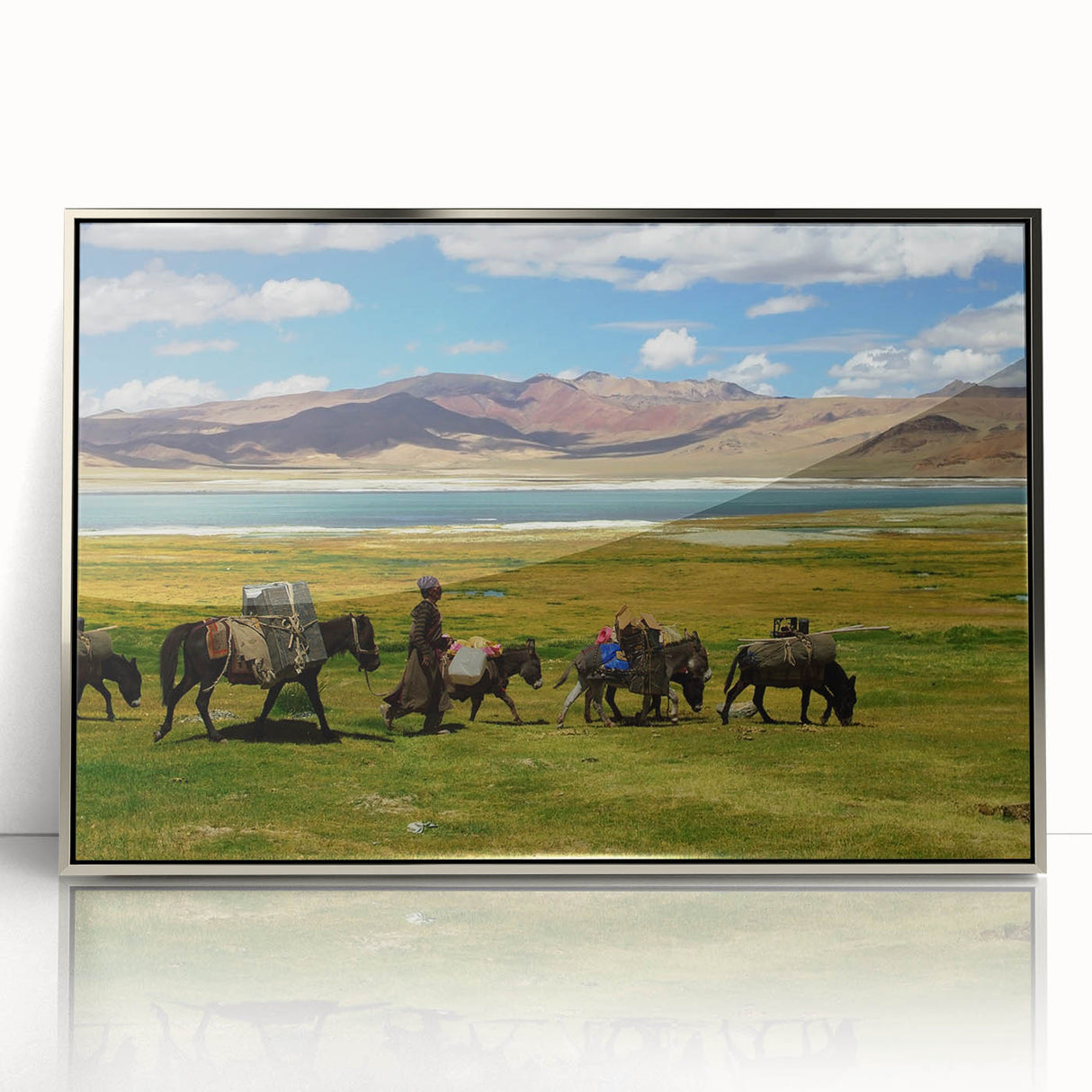 Mid-century modernist art depicting a serene Tibetan landscape in muted earth tones, framed acrylic print.