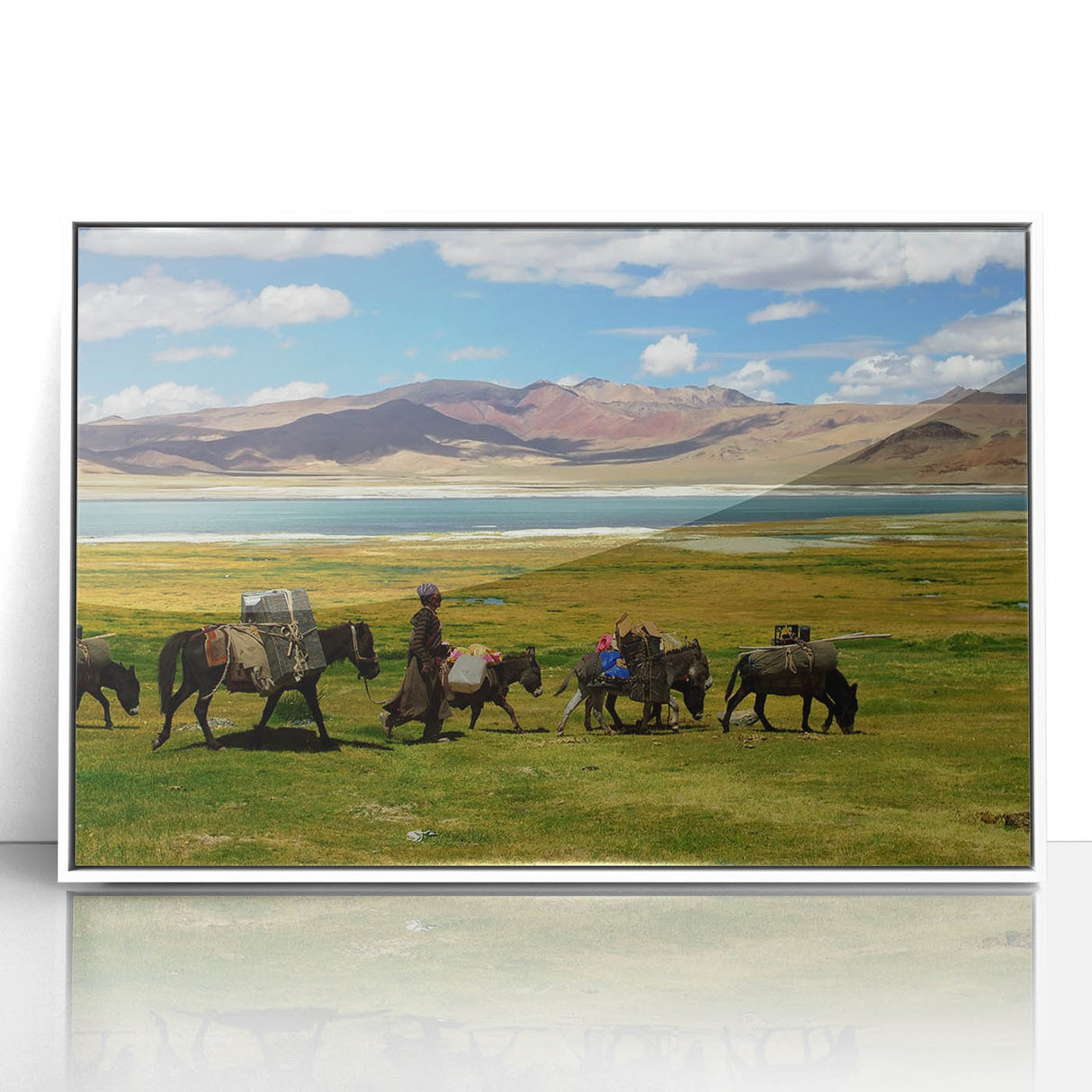 Acrylic print of Tibet landscape in art deco style, featuring muted earth tones, ideal for modern art wall decor.