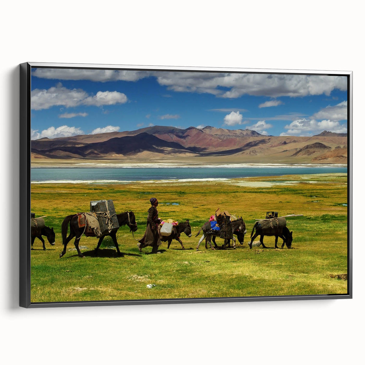 Black and white wall art of Tibetan landscape on framed canvas, suitable for bedroom decor with vintage poster art style.