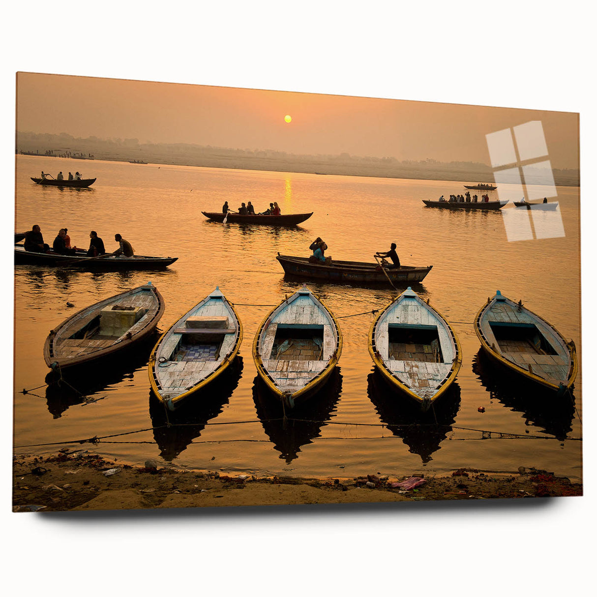 Large abstract wall art of an Indian scenery in muted earth tones on acrylic glass, ideal for bedroom or dining room decor.