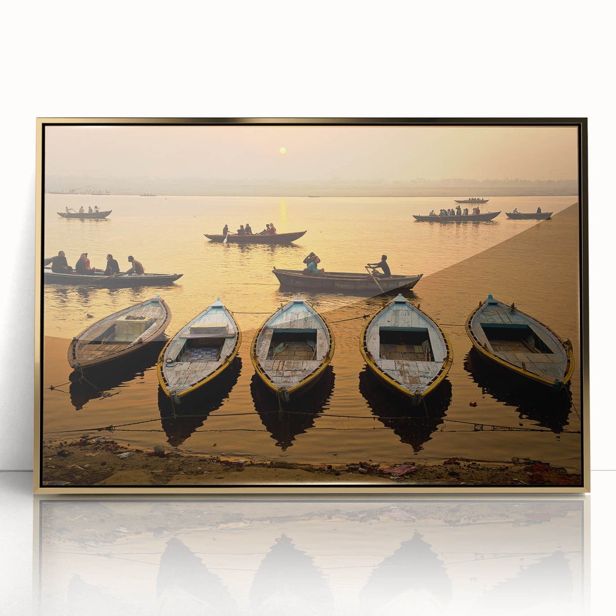 Large art print of a mid-century modernist Indian scenery in gold tones on framed acrylic.