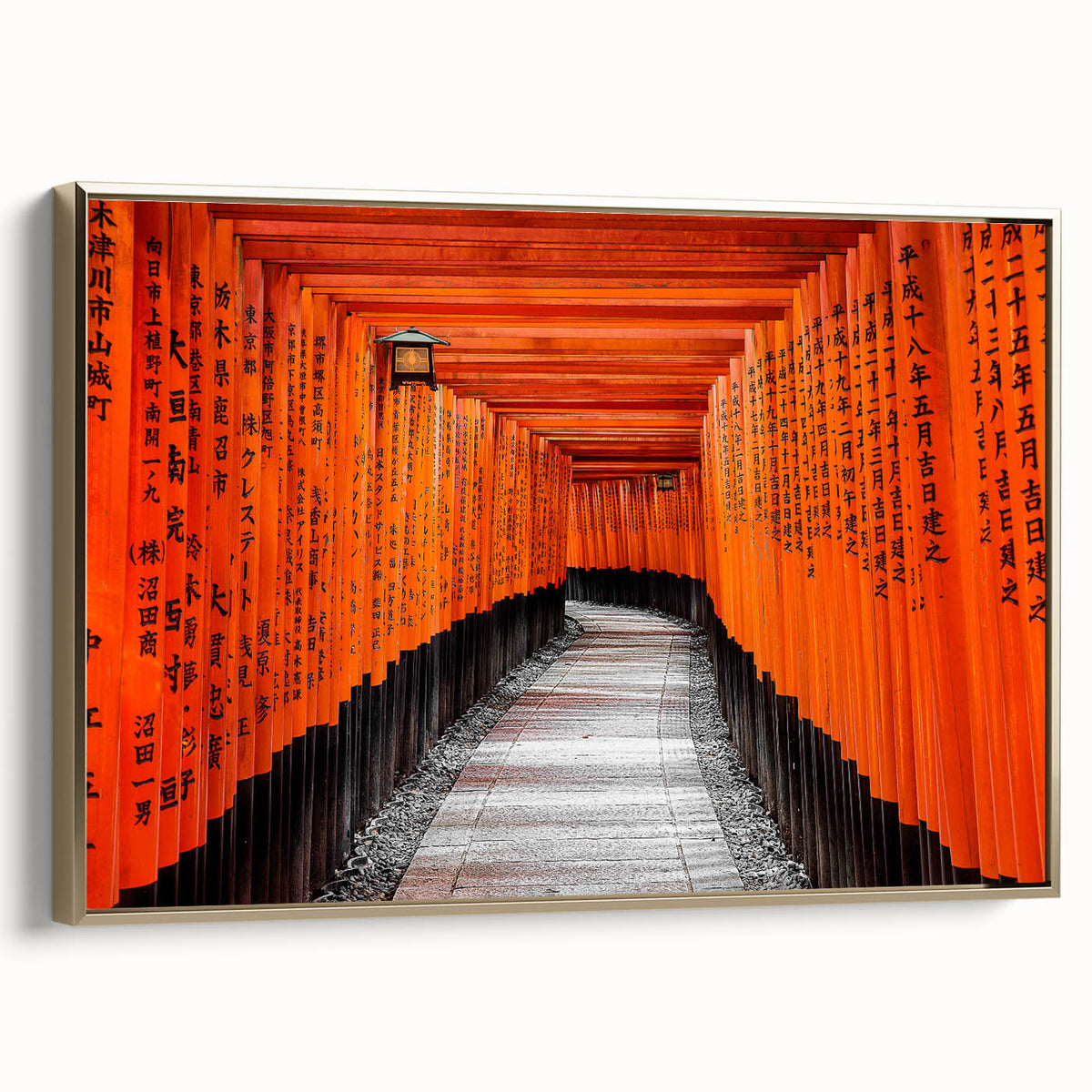 Framed canvas featuring a vintage-style landscape painting of Kyoto with black and gold tones, ideal for bedroom wall art.