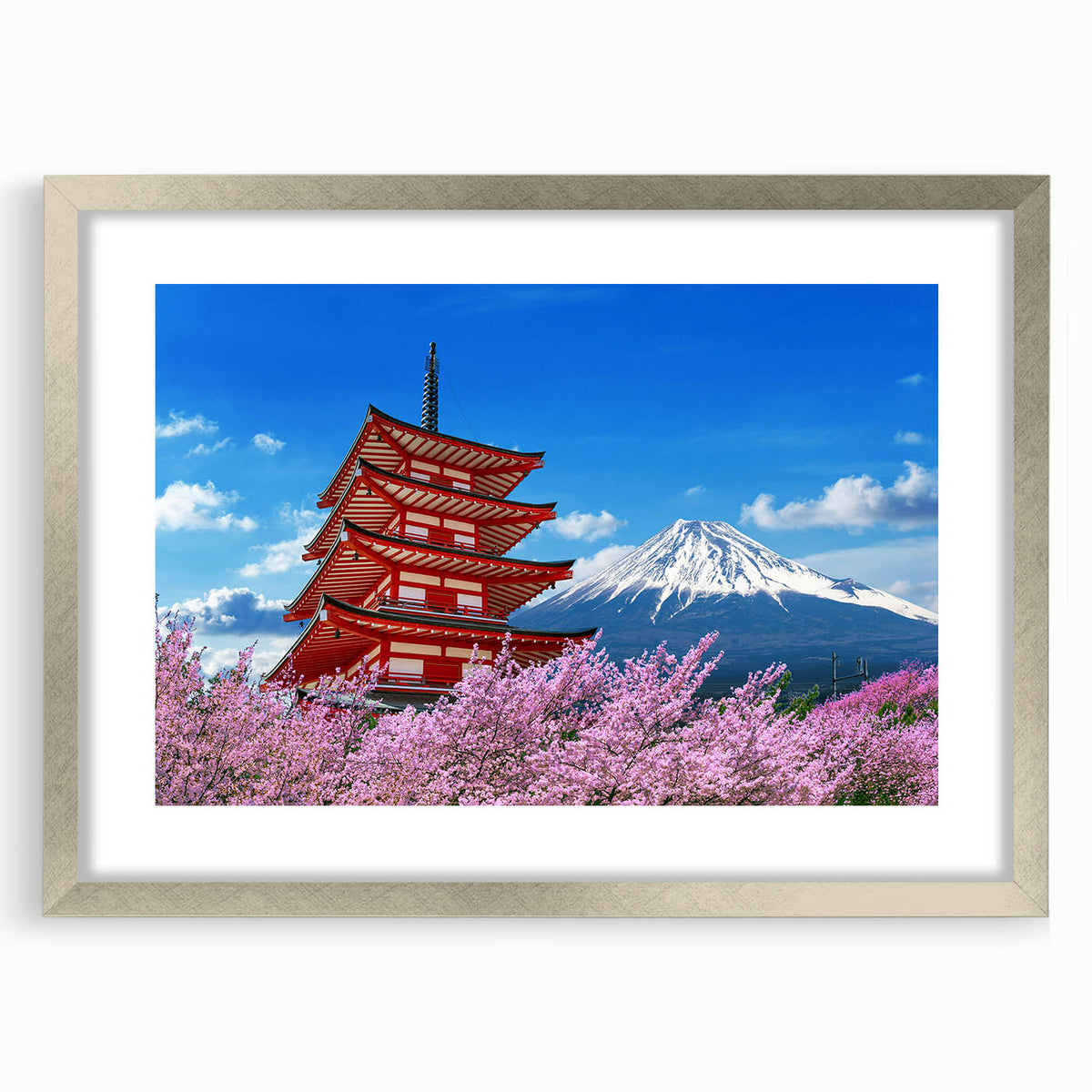 Textured art of Mount Fuji in muted blues and grays on a framed silver mat, ideal for bedroom decor.