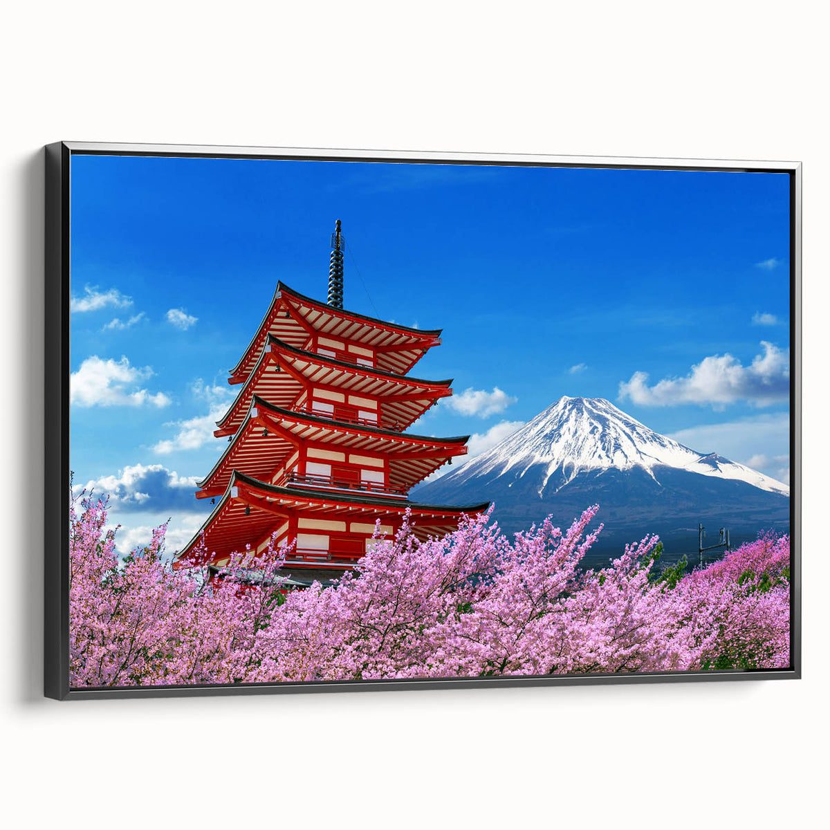 Black and white framed canvas of Mount Fuji with vintage poster art style, ideal for bedroom wall decor.