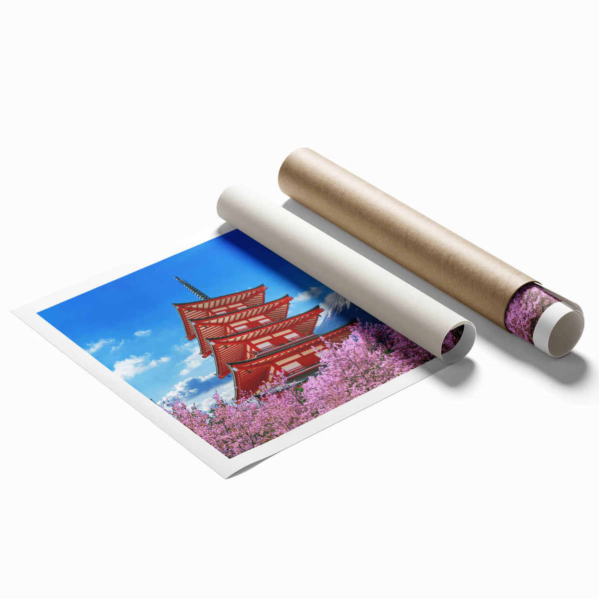 Extra large rolled print of Mount Fuji with cherry blossoms in soft pink and white tones, ideal for classy bathroom wall art.