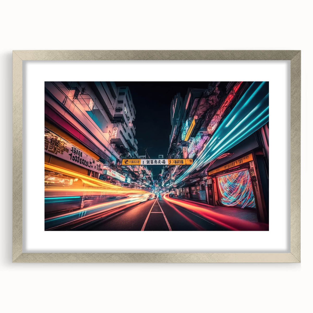 Textured art print of abstract Tokyo cityscape in silver frame, featuring muted gray and blue tones, ideal for bedroom art.