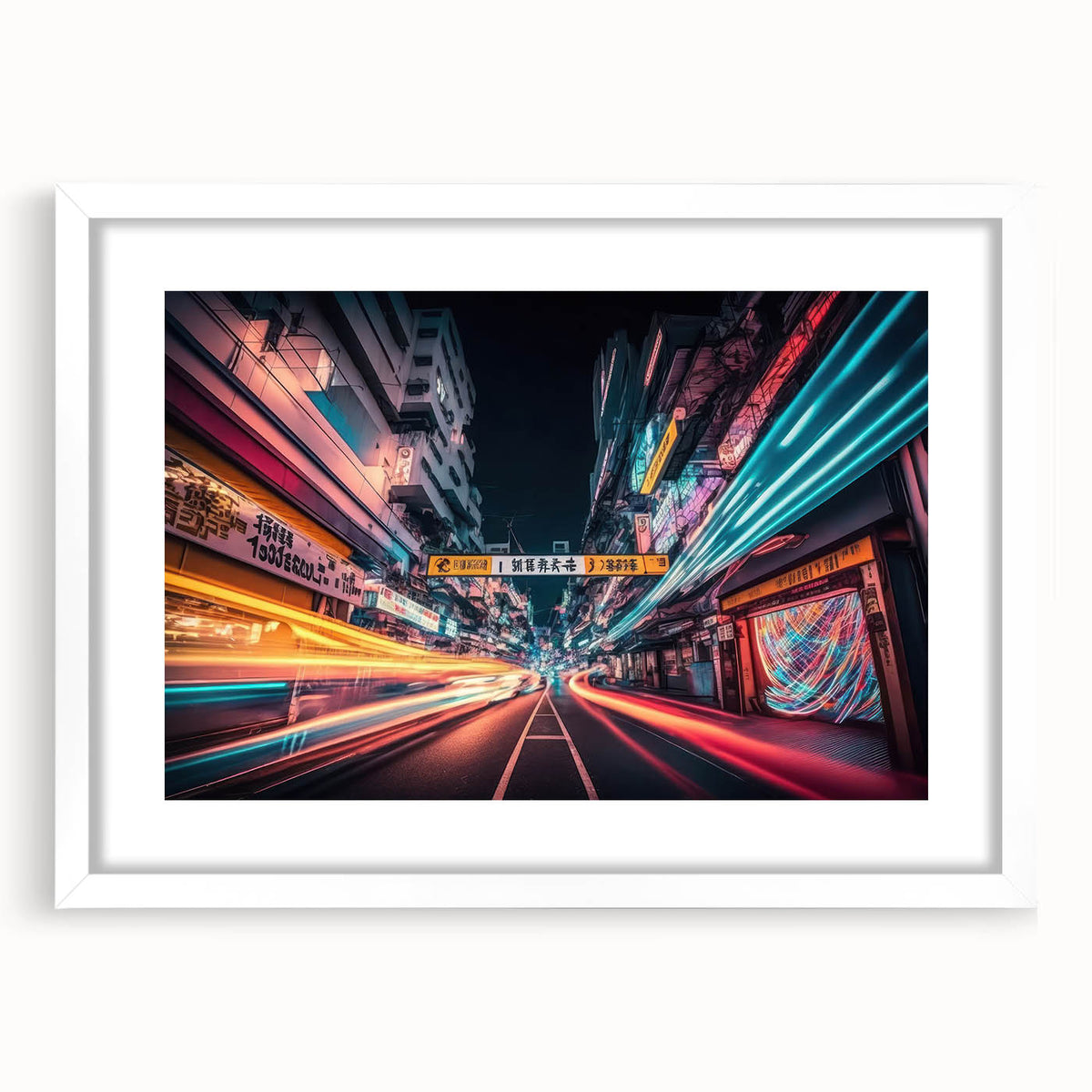 Abstract art print of Tokyo skyline in muted gray and blue tones on a framed white mat.
