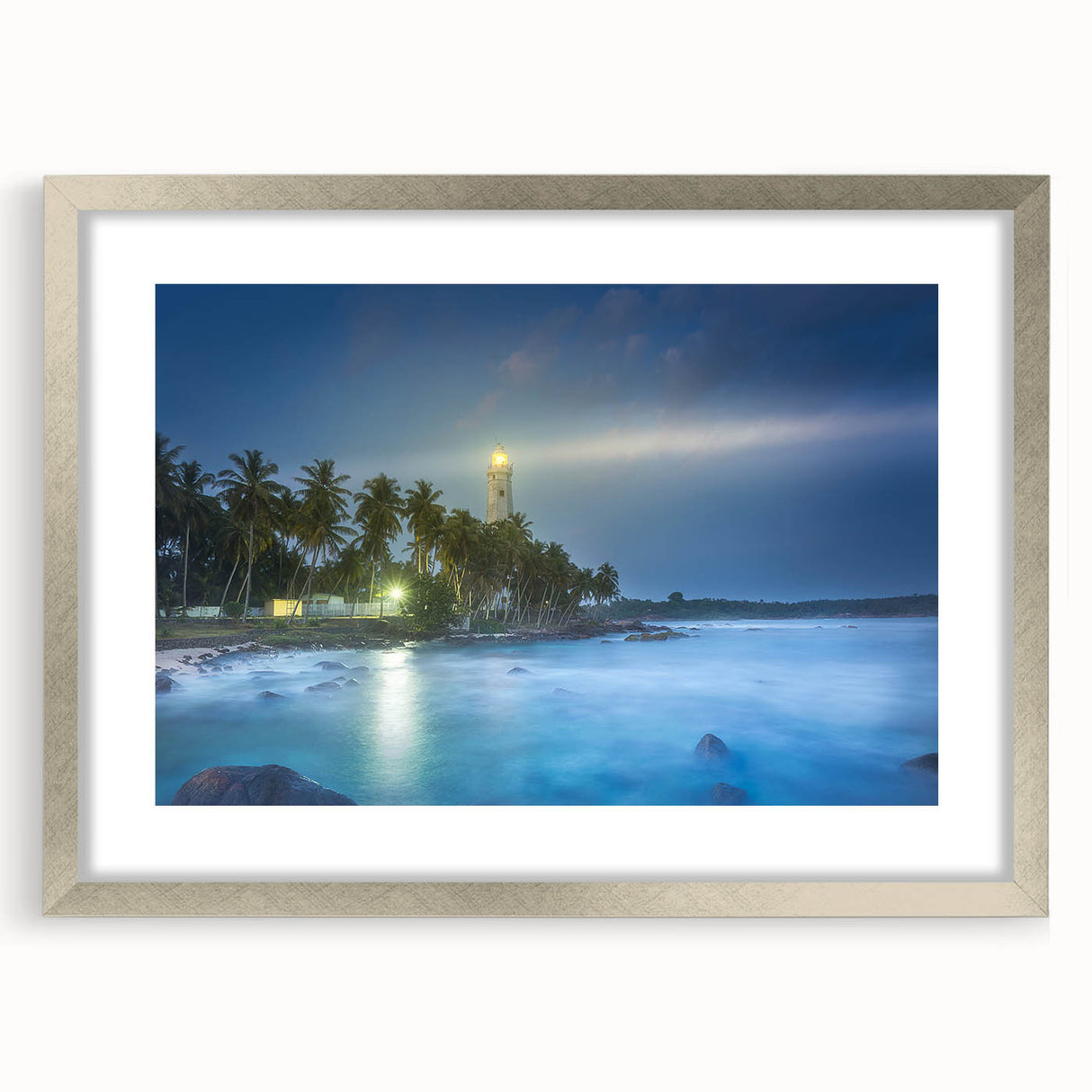 Textured abstract art print depicting a serene Sri Lankan landscape in muted earth tones, framed in silver.