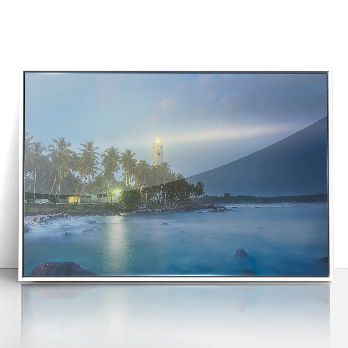 Acrylic print of a serene Sri Lankan landscape in soft green and blue tones, framed in white.