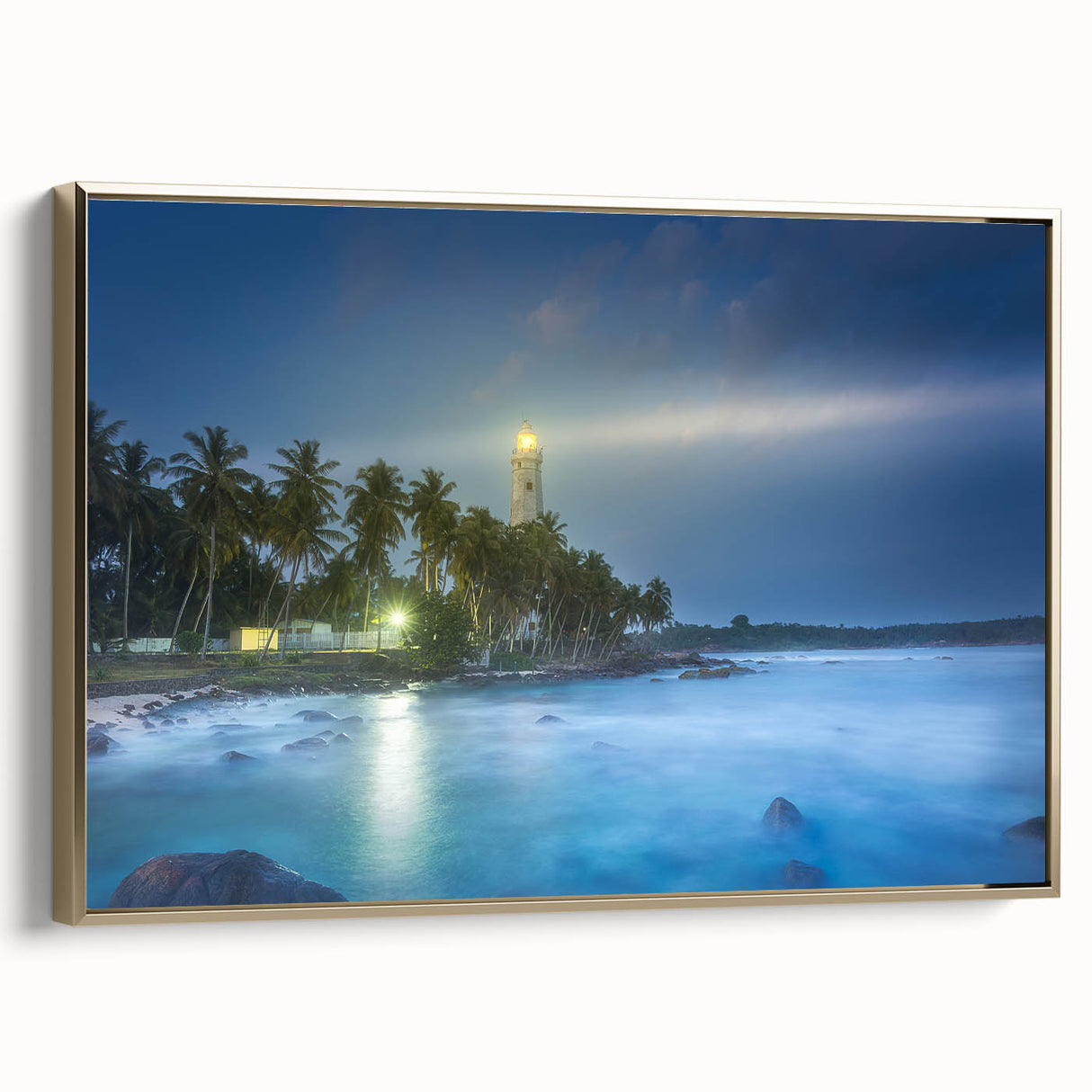 Framed canvas depicting a vintage-style Sri Lankan landscape in muted gold and black tones, ideal for bedroom wall art.