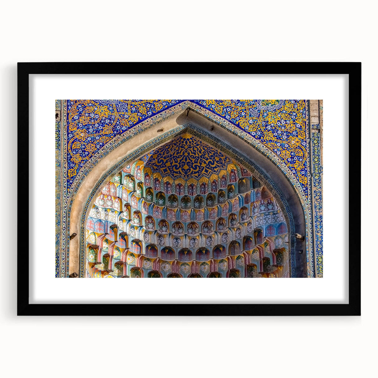 Extra large abstract art print of a colorful, textured Turkish landscape on a black framed canvas.