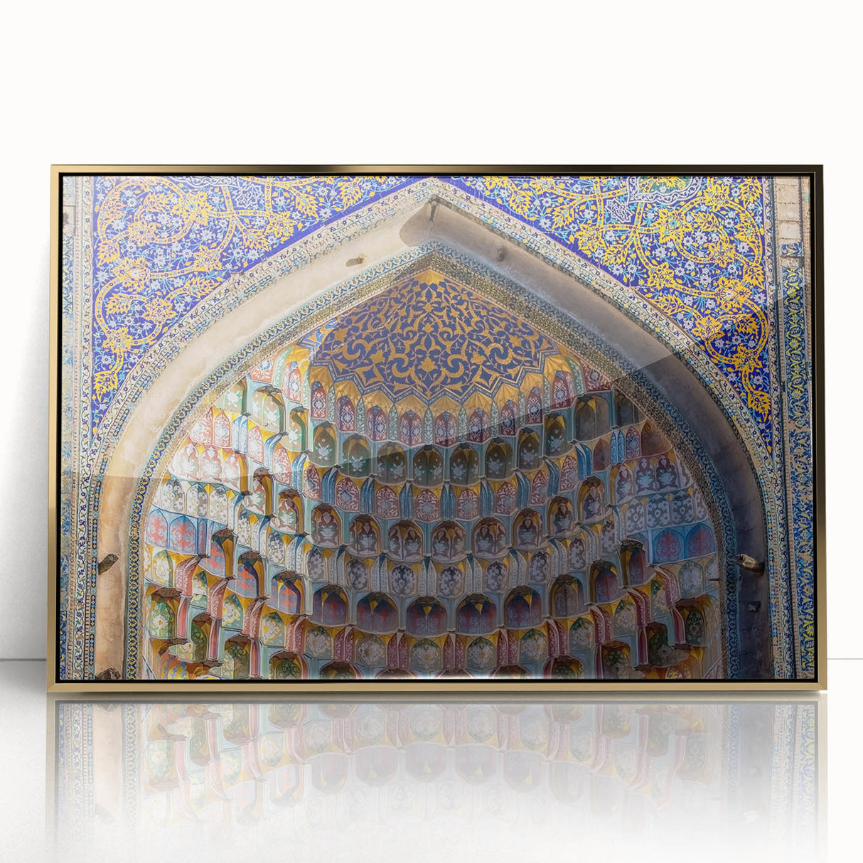 Large art print of a Turkish landscape in gold and green tones on a framed acrylic, ideal for modern art wall decor.