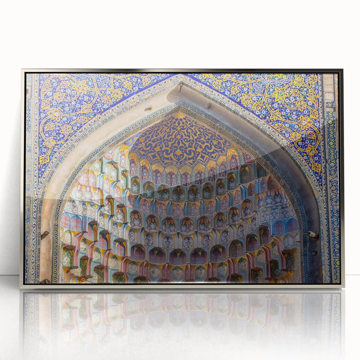 Mid-century modernist art depicting a serene Turkish landscape in muted earth tones on a framed acrylic.