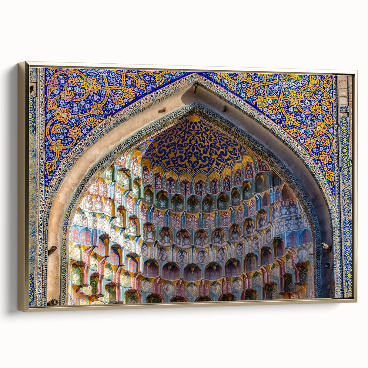 Framed canvas depicting a vintage-style landscape of a Turkish scenery in muted gold and black tones.