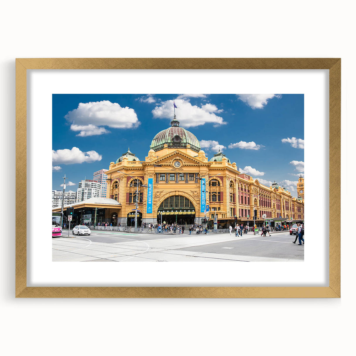 Textured abstract art print of Melbourne skyline in muted gold and blue tones on a framed canvas, suitable for bedroom decor.