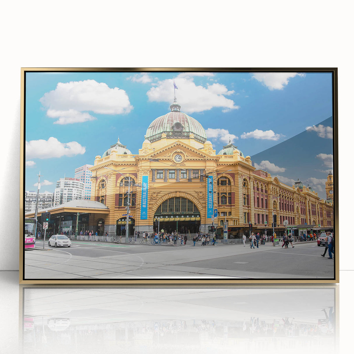 Mid-century modernist art depicting Melbourne skyline in muted gold and blue tones on framed acrylic.