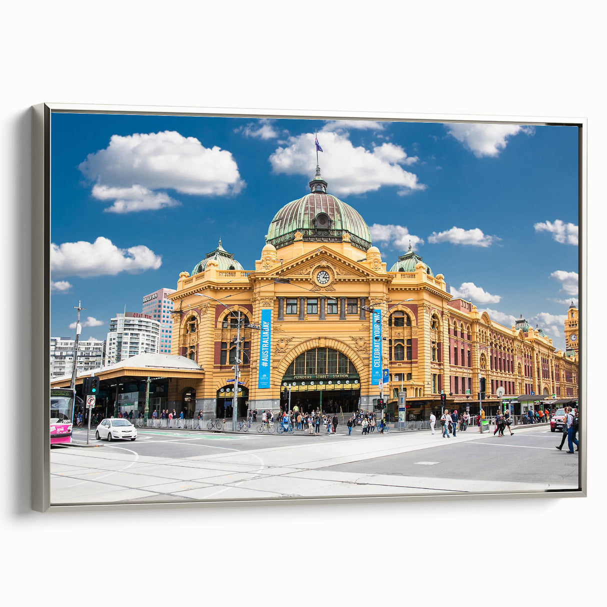 Vintage poster art of Melbourne with colorful abstract design on a large framed canvas, ideal for living room decor.