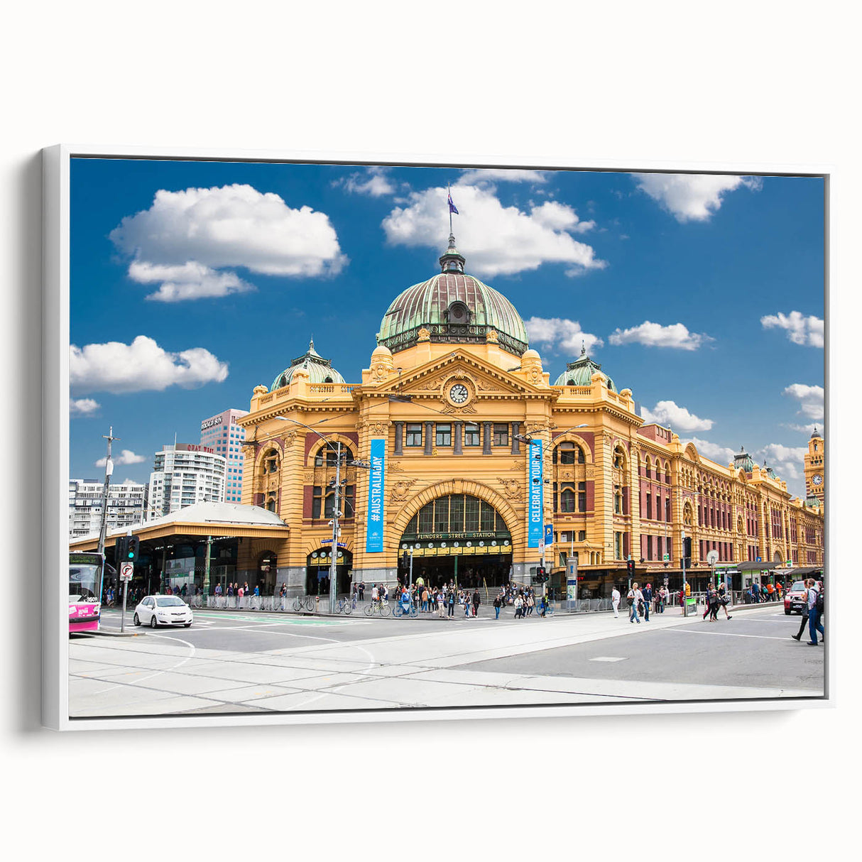 Framed canvas of a vintage Melbourne landscape in muted black and white, ideal for bedroom wall art.