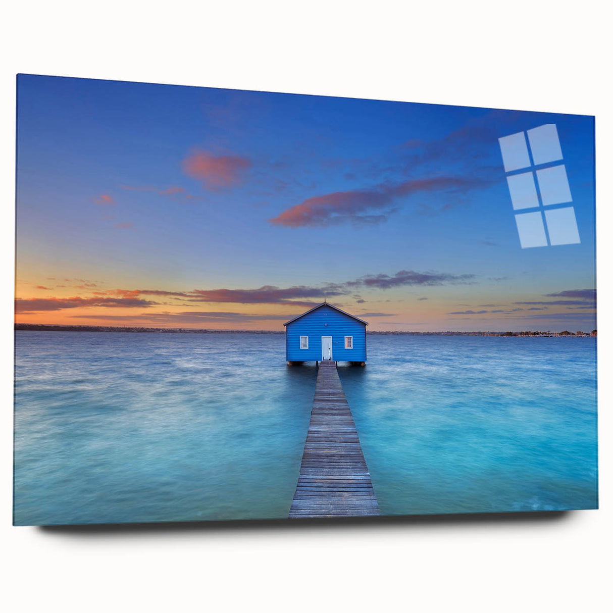 Large abstract wall art of Perth skyline in muted blue tones on acrylic glass, ideal for bedroom or dining room decor.