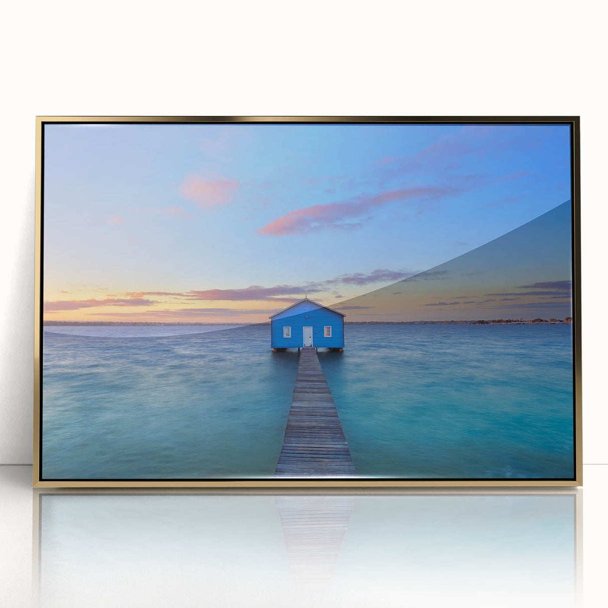 Mid-century modernist art of Perth skyline in gold and blue hues on a framed acrylic, ideal for nursery wall decor.