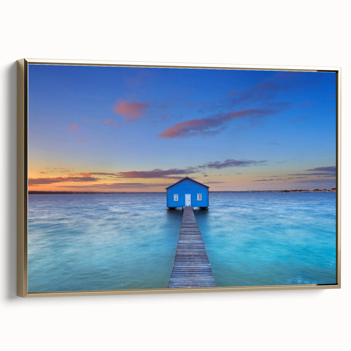 Landscape art painting of Perth, Australia on framed canvas, featuring vintage poster style and colorful art palette.