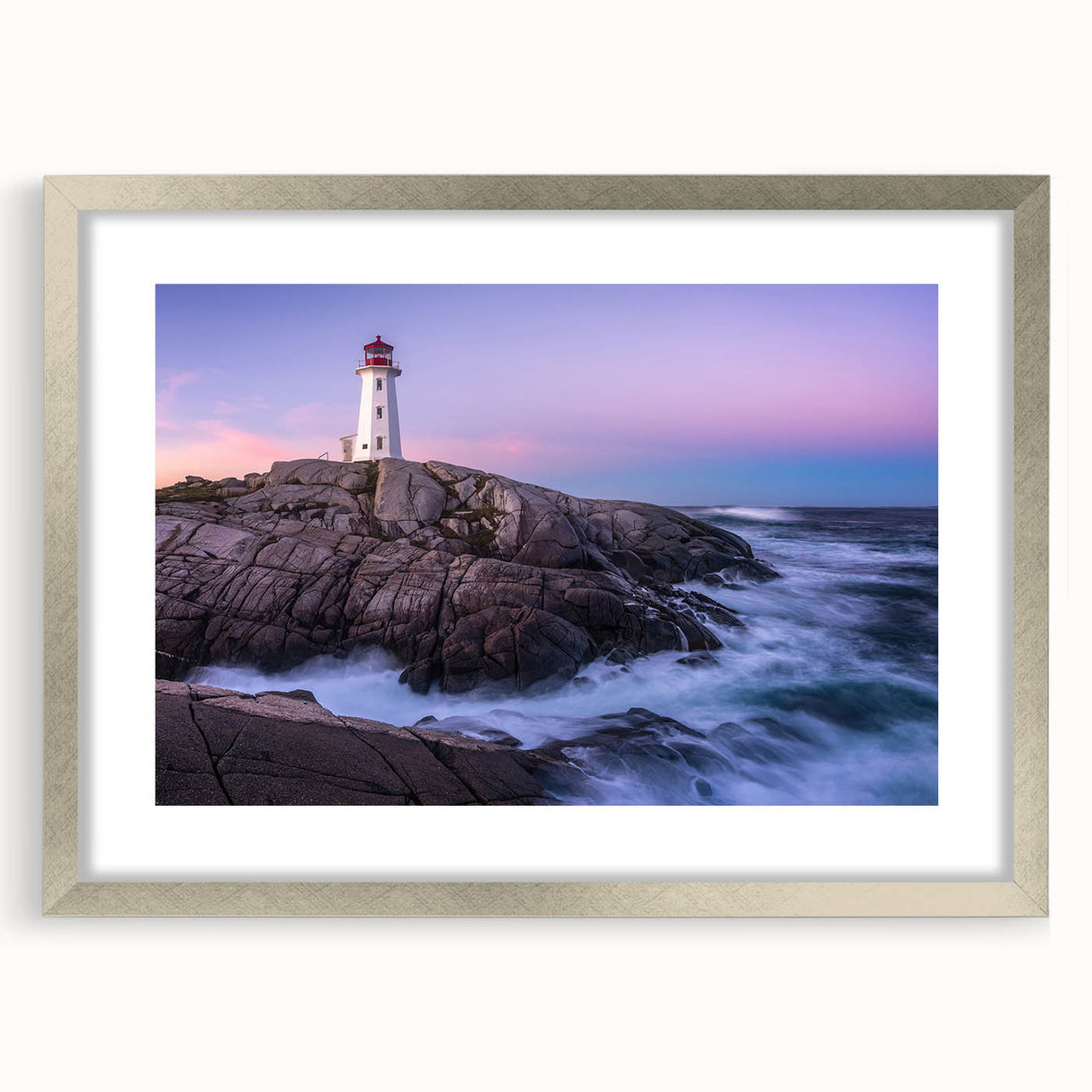 Textured art depicting abstract scenery of Nova Scotia in muted gray and blue tones on a framed silver mat.