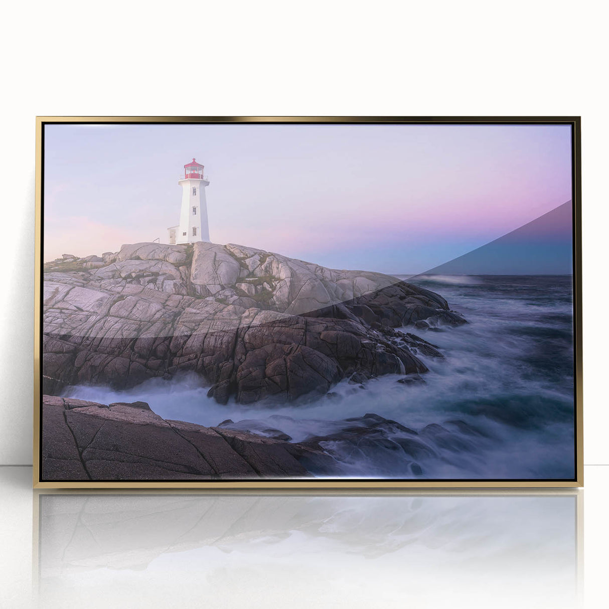 Framed acrylic print of a serene Nova Scotia landscape in muted earth tones, ideal for modern art wall decor.