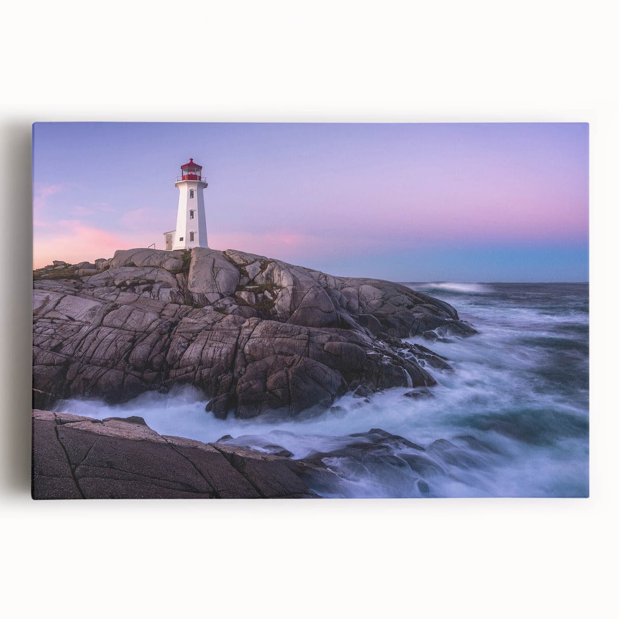 Black and white stretched canvas of Nova Scotia scenery, ideal for kitchen wall art.