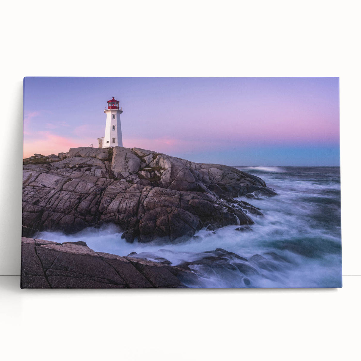 Black and white photograph of Nova Scotia scenery on a stretched canvas, ideal for kitchen wall art.
