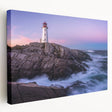 Side view of a stretched canvas featuring a serene Nova Scotia landscape in muted green and blue tones.
