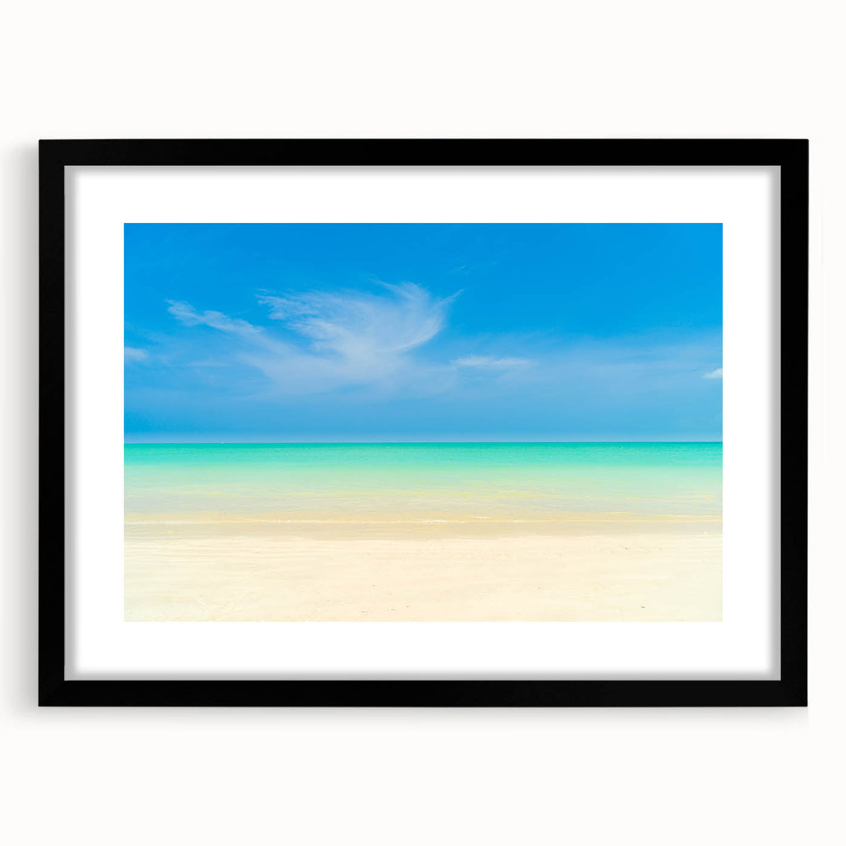 Extra large abstract art print with vibrant Caribbean scenery in textured colors on a framed black mat.