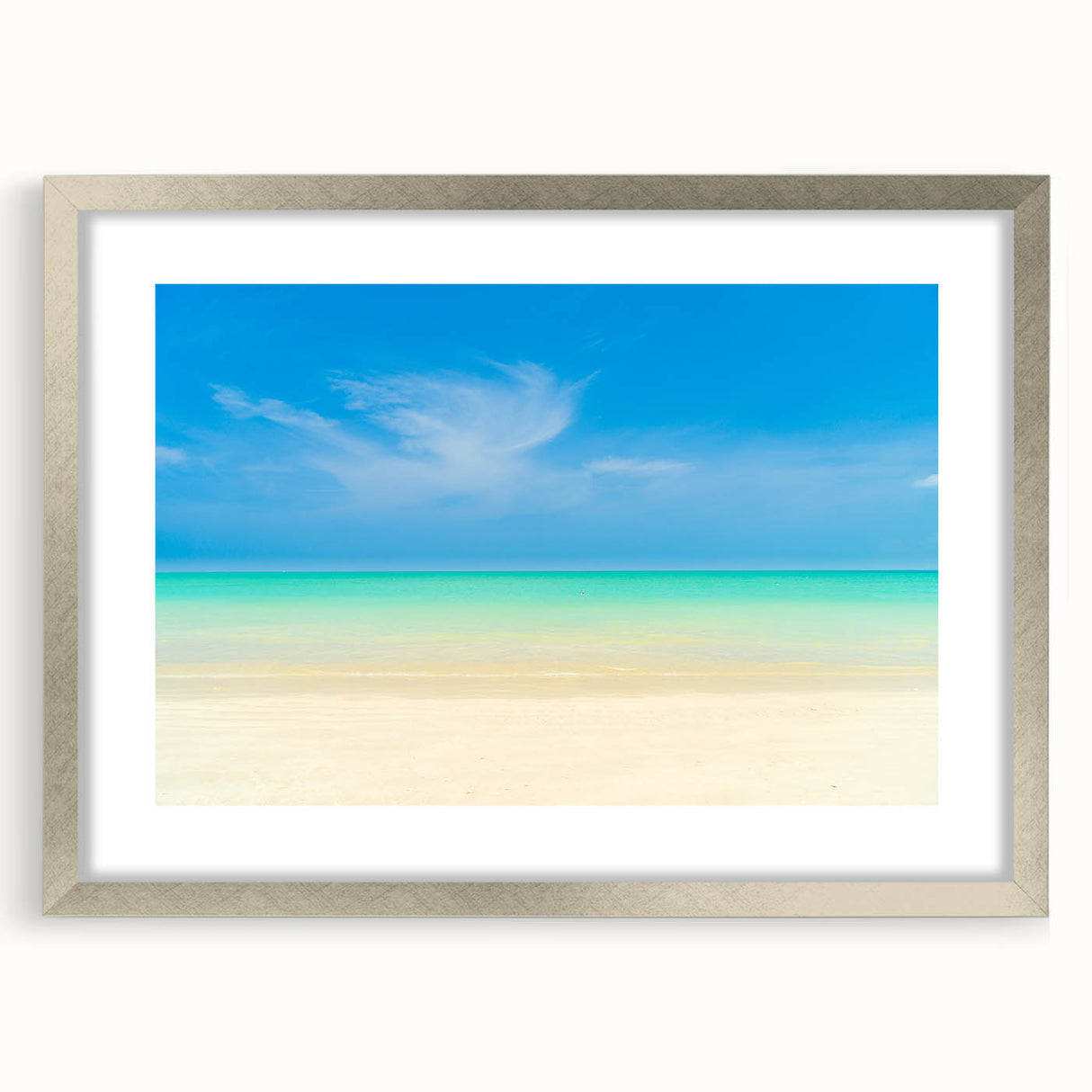 Extra large abstract art print depicting Caribbean scenery in vibrant blues and greens on a framed canvas.