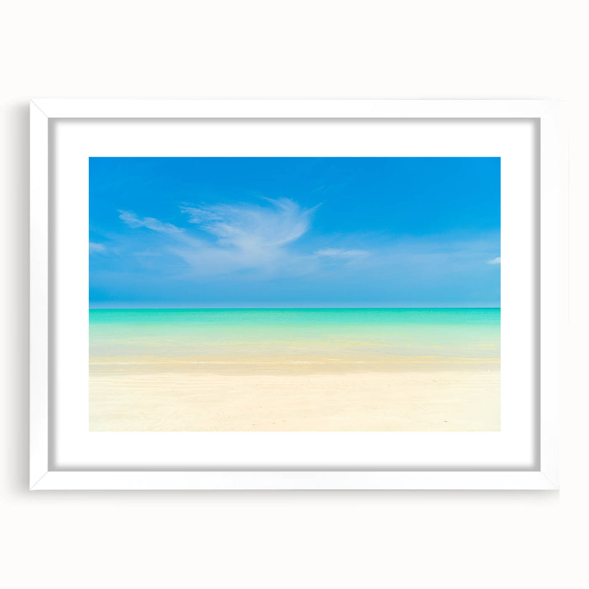 Textured abstract art print depicting a serene Caribbean scene in muted blue and green tones, framed with a white mat.