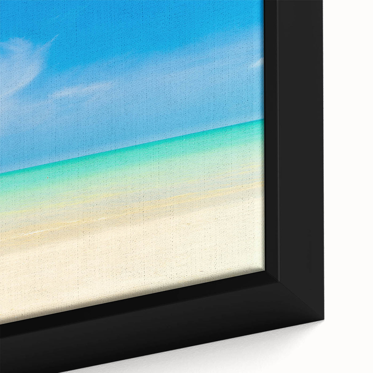 Close-up of a black framed canvas featuring a textured, colorful Caribbean scenery, ideal for living room decor.